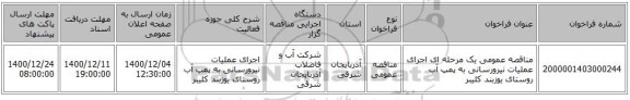 مناقصه عمومی یک مرحله ای اجرای عملیات نیرورسانی به پمپ آب روستای یوزبند کلیبر