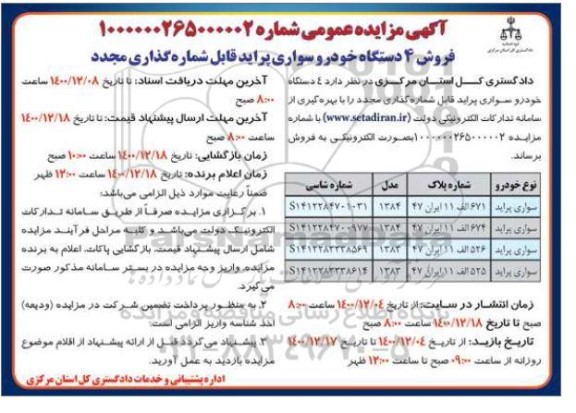 مزایده فروش 4 دستگاه خودرو سواری پراید 