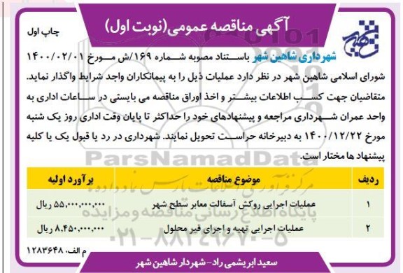 مناقصه عملیات اجرایی روکش آسفالت معابر 