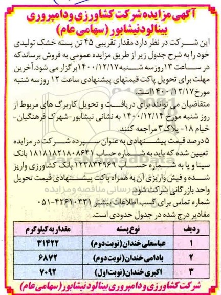 مزایده مقدار تقریبی 45 تن پسته خشک تولیدی 