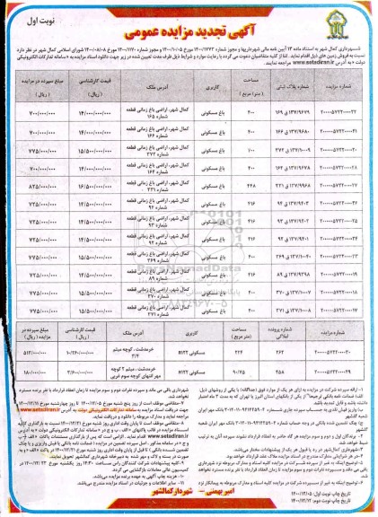 مزایده فروش زمین با کاربری باغ مسکونی تجدید