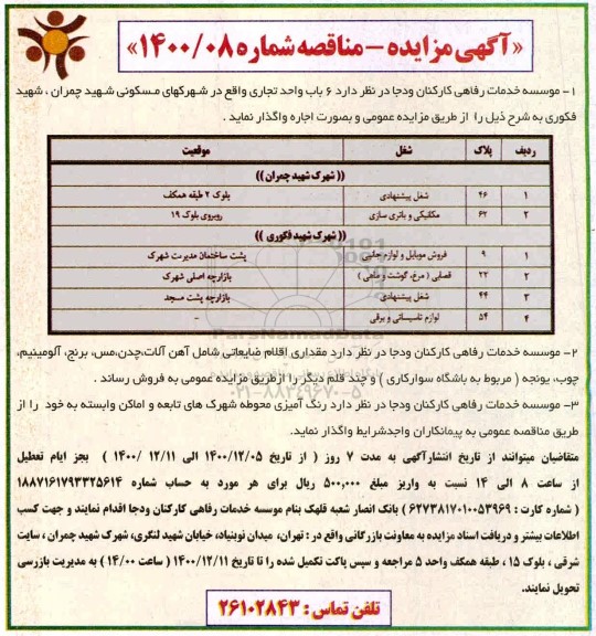 مزایده اجاره 6 باب واحد تجاری