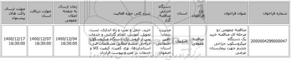 مناقصه عمومی دو مرحله ای مناقصه خرید یک دستگاه میکروسکوپ جراحی چشم جهت بیمارستان غرضی