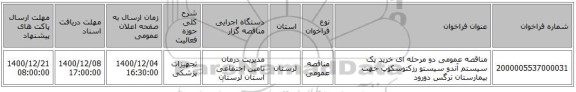 مناقصه عمومی دو مرحله ای خرید یک سیستم آندو سیستو رزکتوسکوپ جهت بیمارستان نرگس دورود