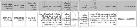 مناقصه عمومی همزمان با ارزیابی (فشرده) یک مرحله ای خرید لوله پلی اتیلن تک  جداره آب شرب در قطر های 20 ، 25 ، 32 ، 63 ، 75 ، 90 ، 110 ، 125 ، 160 ، 200  و 250 