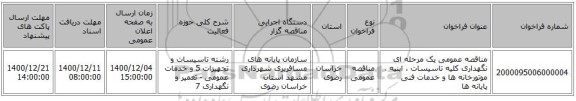 مناقصه عمومی یک مرحله ای نگهداری کلیه تاسیسات ، ابنیه ، موتورخانه ها و خدمات فنی پایانه ها