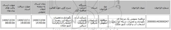 مناقصه عمومی یک مرحله ای نگهداری و تعمیرات شبکه آب ، نصب انشعاب آب و قرائت کنتور ملکان