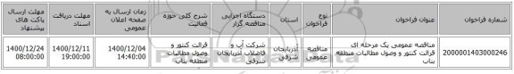 مناقصه عمومی یک مرحله ای قرائت کنتور و وصول مطالبات منطقه بناب