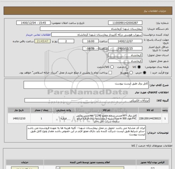 استعلام کابل برق طبق لیست پیوست 