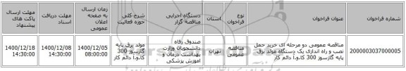 مناقصه عمومی دو مرحله ای خرید حمل نصب و راه اندازی یک دستگاه مولد برق پایه گازسوز 300 کا.و.آ دائم کار