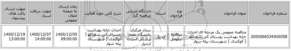 مناقصه عمومی یک مرحله ای احداث خانه بهداشت روستای آلی شعبانلو ( آلوکندی ) شهرستان بیله سوار 