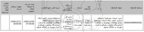 خرید خدمات مشاوره استعلام ارزیابی کیفی ارائه خدمات مشاوره انجام مطالعات ژئوتکنیک و خدمات آزمایشگاه مقاومت مصالح و کنترل موردی در کارگاه چابهار
