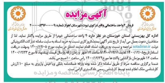 مزایده فروش 4 واحد ساختمانی