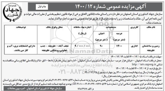 مزایده واگذاری زمین و ساختمان