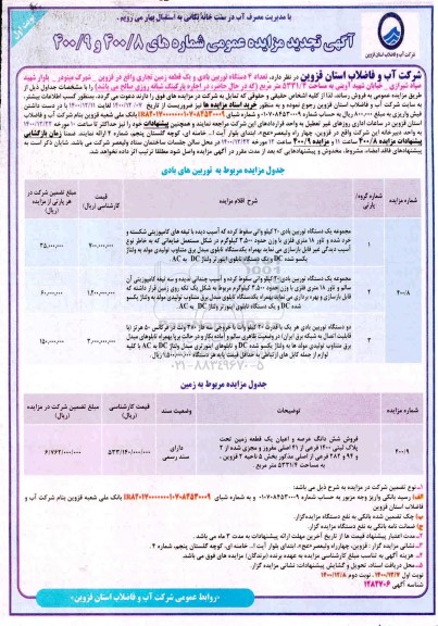 تجدید مزایده تعداد 4 دستگاه توربین بادی و یک قطعه زمین تجاری