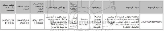 مناقصه عمومی همزمان با ارزیابی (فشرده) دو مرحله ای خرید تجهیزات آموزشی و کمک آموزشی مورد نیاز مدارس سطح استان (خرید 200 نمایشگر تعاملی)