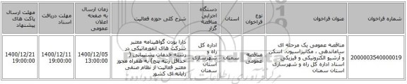 مناقصه عمومی یک مرحله ای ساماندهی ، مکانیزاسیون، اسکن و آرشیو الکترونیکی و فیزیکی اسناد اداره کل راه و شهرسازی استان سمنان