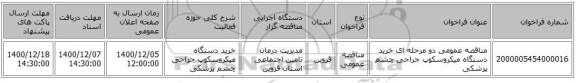 مناقصه عمومی دو مرحله ای خرید دستگاه میکروسکوپ جراحی چشم پزشکی 