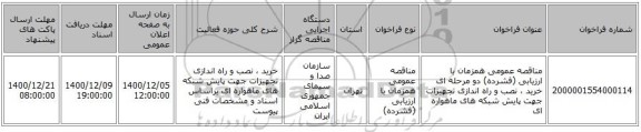 مناقصه عمومی همزمان با ارزیابی (فشرده) دو مرحله ای خرید ، نصب و راه اندازی تجهیزات جهت پایش شبکه های ماهواره ای 