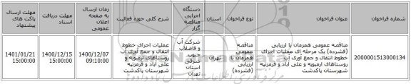 مناقصه عمومی همزمان با ارزیابی (فشرده) یک مرحله ای عملیات اجرای خطوط انتقال و جمع آوری آب روستاهای ارمبویه و علی آباد و قرمزتپه شهرستان پاکدشت