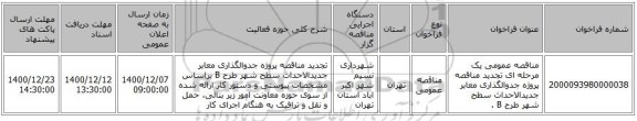 مناقصه عمومی یک مرحله ای تجدید مناقصه پروژه جدوالگذاری معابر جدیدالاحداث سطح شهر طرح B .