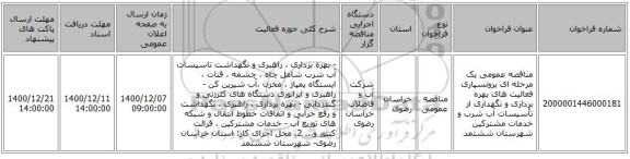 مناقصه عمومی یک مرحله ای برونسپاری فعالیت های بهره برداری و نگهداری از تأسیسات آب شرب و خدمات مشترکین شهرستان ششتمد 