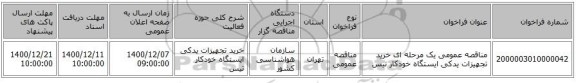 مناقصه عمومی یک مرحله ای خرید تجهیزات یدکی ایستگاه خودکار تیس