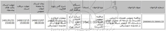 مناقصه عمومی همزمان با ارزیابی (فشرده) یک مرحله ای عملیات اصلاح و بازسازی 15 کیلومتر شبکه توزیع آب در محدوده جنوبشرقی