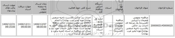مناقصه عمومی همزمان با ارزیابی (فشرده) یک مرحله ای احداث بند خاکی بالادست ناحیه صنعتی بهاباد(حوزه آبخیز غرب بهاباد)  