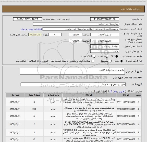 استعلام لوازم مصرفی آزمایشگاهی