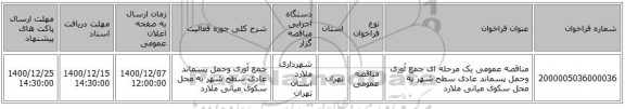 مناقصه عمومی یک مرحله ای جمع آوری وحمل پسماند عادی سطح شهر به محل سکوی میانی ملارد 