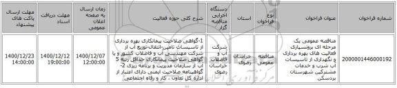 مناقصه عمومی یک مرحله ای برونسپاری فعالیت های بهره برداری و نگهداری از تاسیسات آب شرب و خدمات مشترکین شهرستان بردسکن