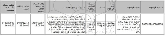 مناقصه عمومی یک مرحله ای برونسپاری فعالیت های بهره برداری و نگهداری از تاسیسات آب شرب و خدمات مشترکین شهرستان مه ولات