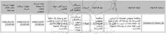 مناقصه عمومی همزمان با ارزیابی (فشرده) یک مرحله ای حفر و پمپاژ یک حلقه چاه آب شرب با تامین و نصب لوله جدار در روستای ارمبویه پاکدشت