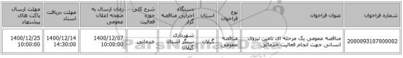 مناقصه عمومی یک مرحله ای تامین نیروی انسانی جهت انجام فعالیت خدماتی