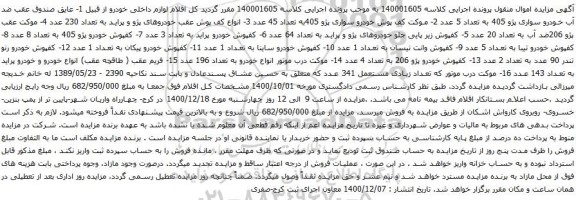 آگهی مزایده خودرو سواری پژو 405 