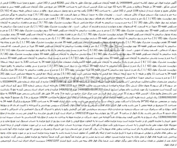 آگهی مزایده  یک قطعه آپارتمان مسکونی نوع ملک طلق به پلاک ثبتی 82282 فرعی از 163 اصلی