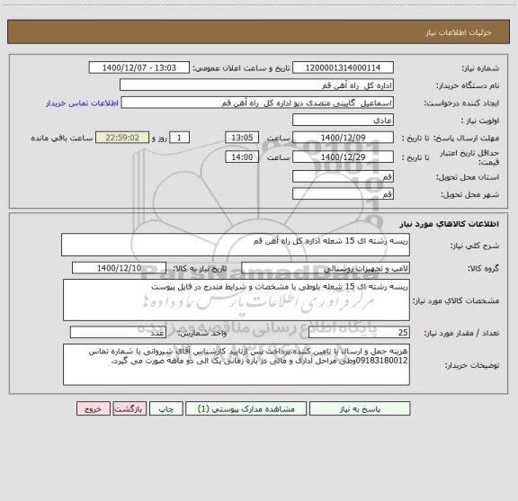 استعلام ریسه رشته ای 15 شعله اداره کل راه آهن قم