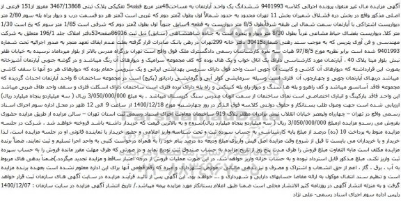 آگهی مزایده ششدانگ یک واحد آپارتمان به مساحت48متر مربع قطعه5 تفکیکی پلاک ثبتی 3467/13868