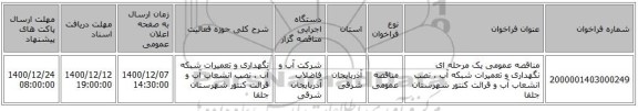 مناقصه عمومی یک مرحله ای نگهداری و تعمیرات شبکه آب ، نصب انشعاب آب و قرائت کنتور شهرستان جلفا