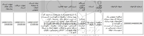 مناقصه عمومی یک مرحله ای برون سپاری فعالیتهای بهره برداری و نگهداری از تاسیسات آب شرب و خدمات مشترکین در شهرستان خواف 