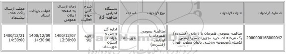 مناقصه عمومی همزمان با ارزیابی (فشرده) یک مرحله ای خرید تجهیزات سرمایشی-تکمیلی(مجموعه ورزشی بانوان معلول اهواز)