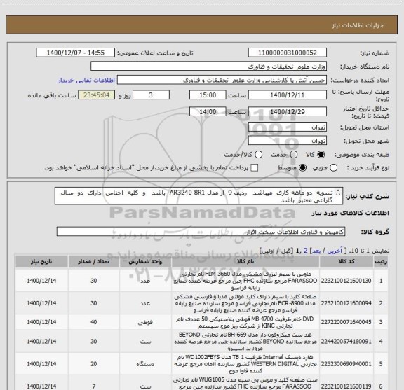 استعلام تسویه  دو ماهه کاری  میباشد   ردیف 9  از مدل AR3240-8R1  باشد   و  کلیه  اجناس  دارای  دو  سال گارانتی معتبر  باشد
ارسال پیش فاکتور  الزامی میباشدَ