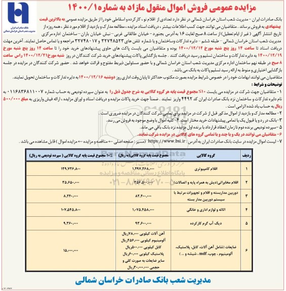 مزایده فروش تعدادی از اقلام نو ،کارکرده و اسقاطی