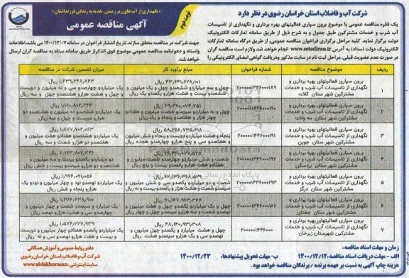 منقاصه، مناقصه برون سپاری فعالیت های بهره برداری و نگهداری از تاسیسات آب شرب  ...- نوبت دوم 