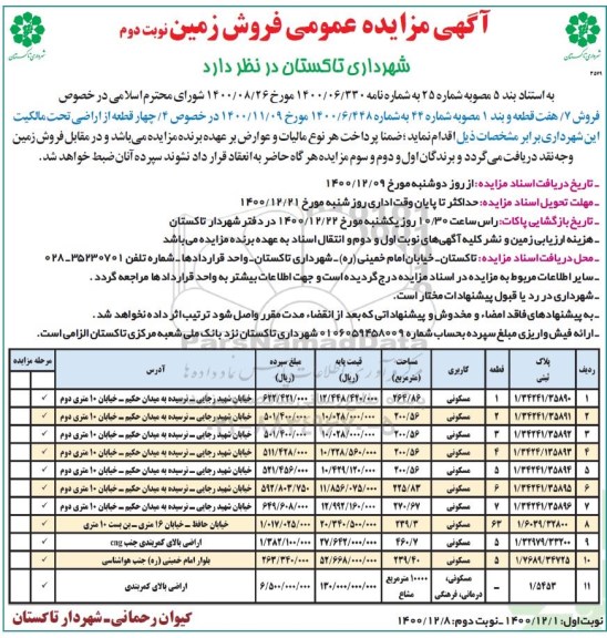 مزایده فروش زمین با کاربری مسکونی