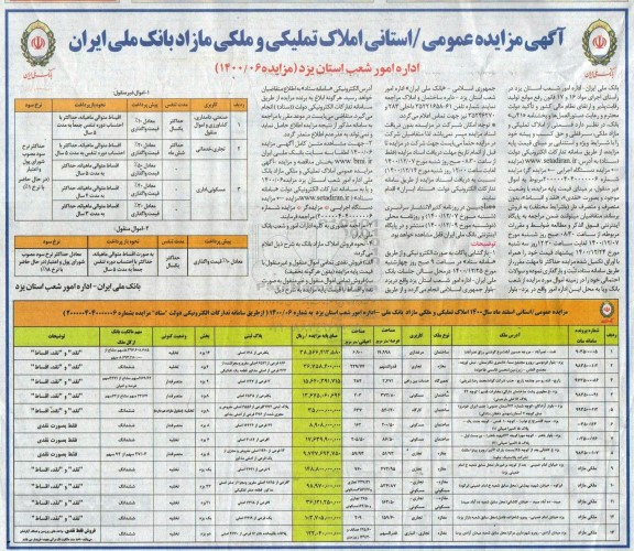 مزایده فروش املاک تملیکی و ملکی مازاد