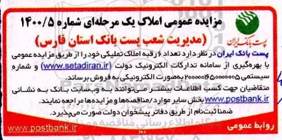 مزایده فروش 6 رقبه املاک تملیکی