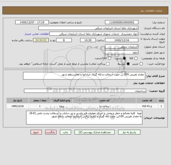 استعلام  مقدار تقریبی 220 تن جهت آسفالت و لکه گیری خیابانها و معابرسطح شهر