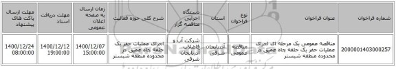 مناقصه عمومی یک مرحله ای اجرای عملیات حفر یک حلقه چاه عمیق در محدوده منطقه شبستر